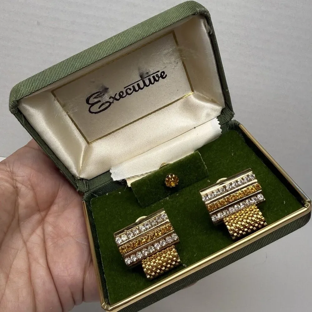 Vintage Executive Gold Tone Rhinestone Cuff Links & Tie Tack Matching Set New